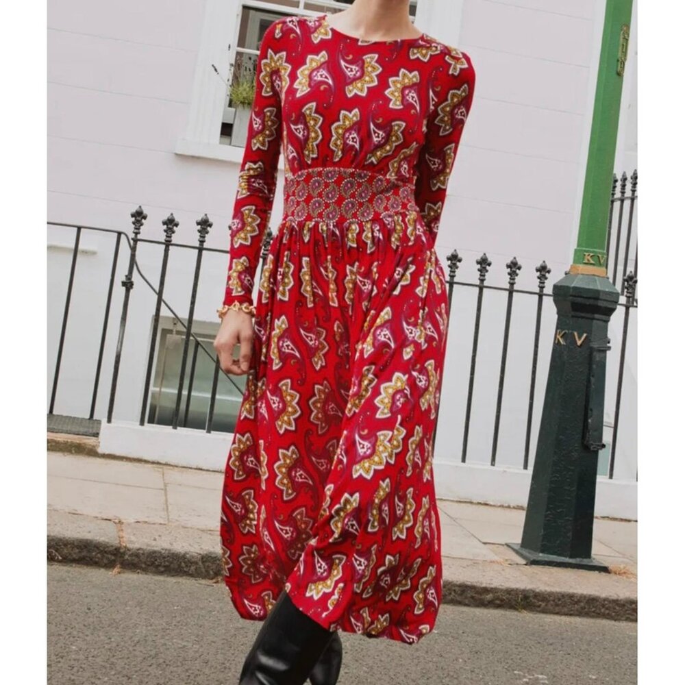 Boden Red Paisley Midi Dress - Picture 3 of 8